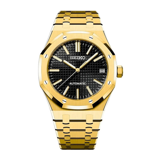 Royal Oak Mod Gold Black Dial black and gold integrated bracelet Seiko mod style watch with NH35 automatic movement by ModTime - front product view
