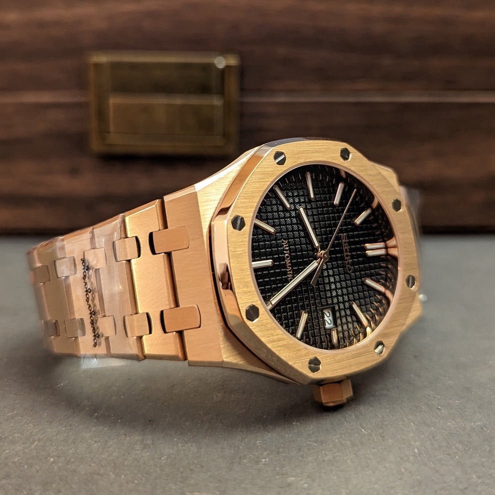 Royal Oak Mod Rose Gold Black Dial rose gold and black Seiko mod style watch with NH35 automatic movement by ModTime - side profile