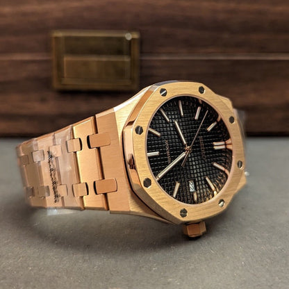 Royal Oak Mod Rose Gold Black Dial rose gold and black Seiko mod style watch with NH35 automatic movement by ModTime - side profile