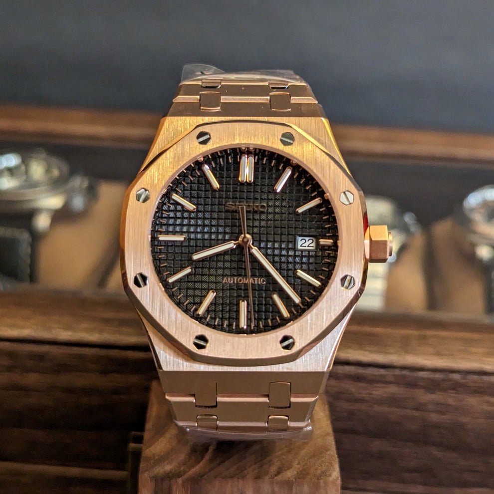 Royal Oak Mod Rose Gold Black Dial rose gold and black Seiko mod style watch with NH35 automatic movement by ModTime - angled dial view