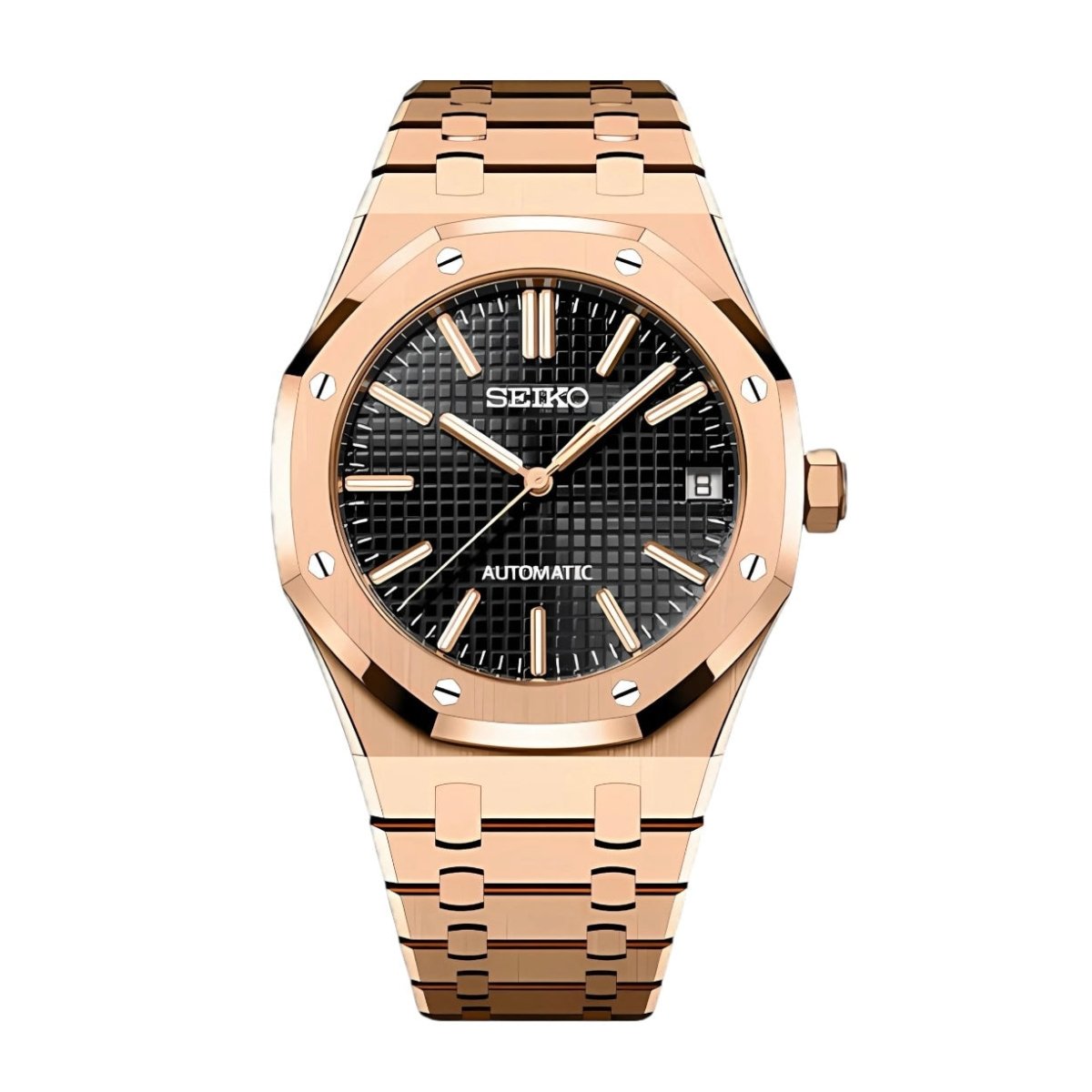 Royal Oak Mod Rose Gold Black Dial rose gold and black Seiko mod style watch with NH35 automatic movement by ModTime - front product view