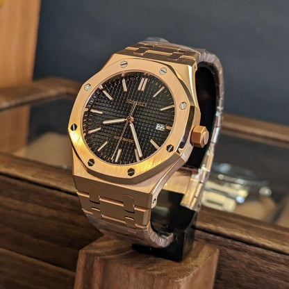 Royal Oak Mod Rose Gold Black Dial rose gold and black Seiko mod style watch with NH35 automatic movement by ModTime - case and bracelet detail
