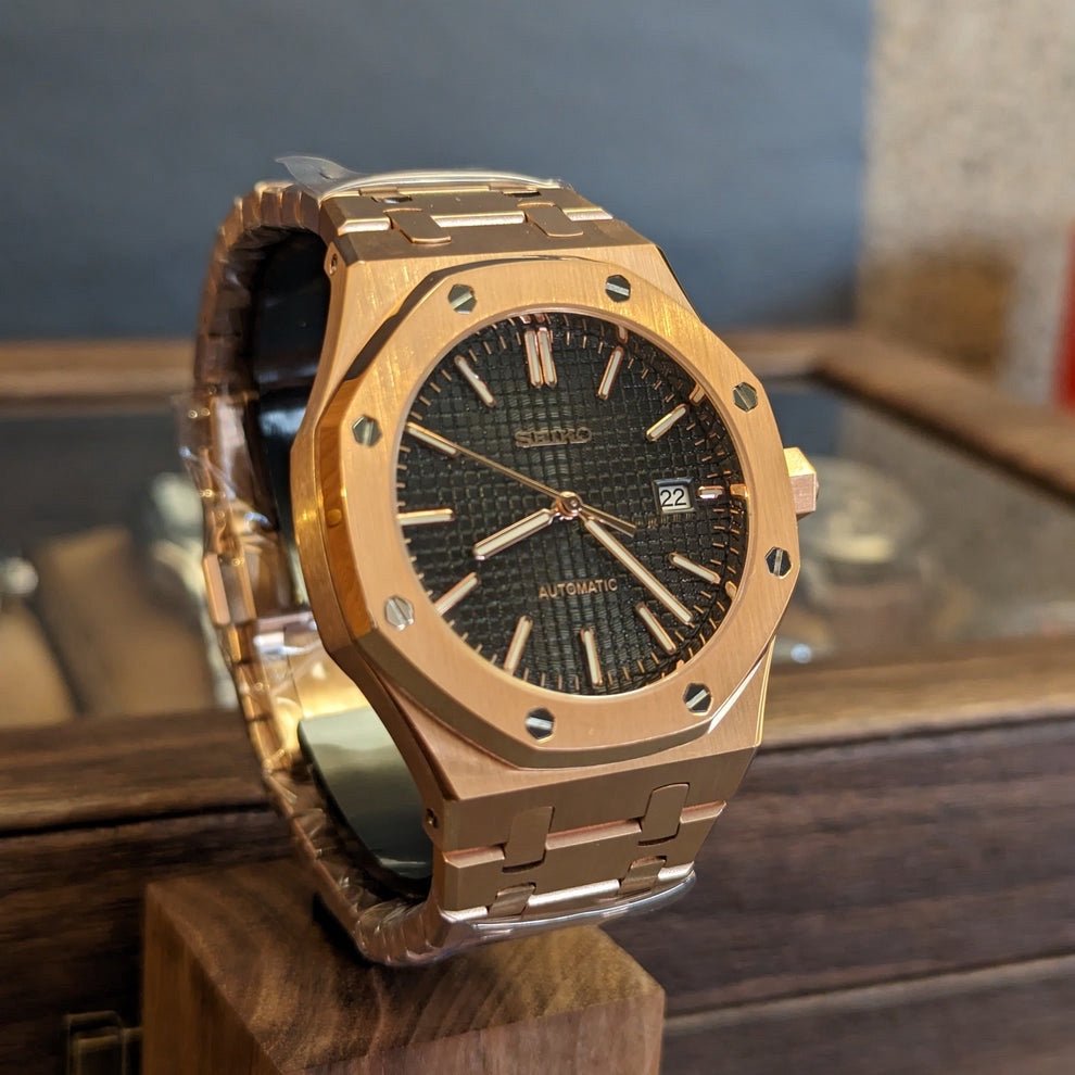 Royal Oak Mod Rose Gold Black Dial rose gold and black Seiko mod style watch with NH35 automatic movement by ModTime - dial detail