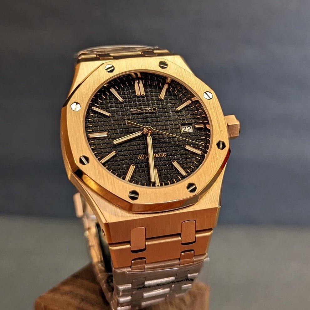 Royal Oak Mod Rose Gold Black Dial rose gold and black Seiko mod style watch with NH35 automatic movement by ModTime - wrist or lifestyle view
