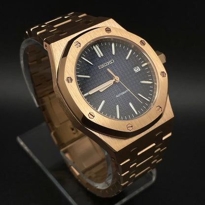 Royal Oak Mod Rose Gold Blue Dial rose gold and blue Seiko mod style watch with NH35 automatic movement by ModTime - case and bracelet detail
