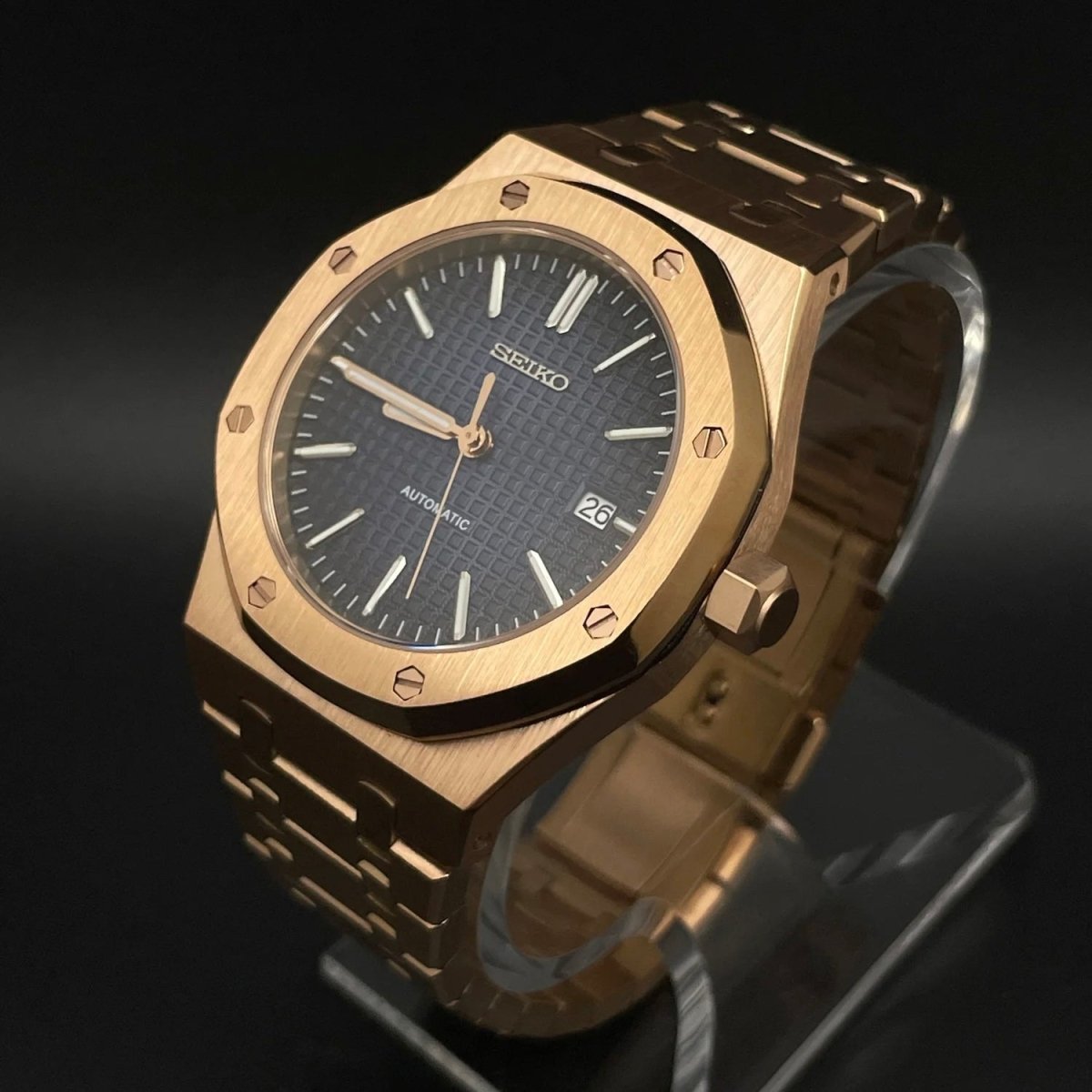 Royal Oak Mod Rose Gold Blue Dial rose gold and blue Seiko mod style watch with NH35 automatic movement by ModTime - dial detail