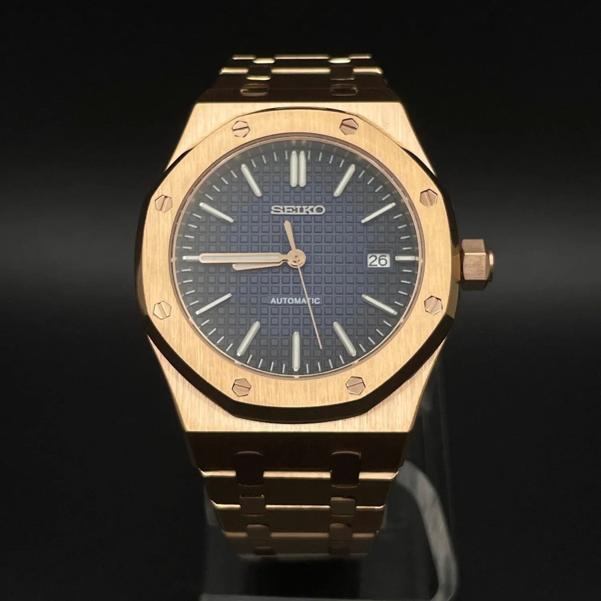 Royal Oak Mod Rose Gold Blue Dial rose gold and blue Seiko mod style watch with NH35 automatic movement by ModTime - angled dial view