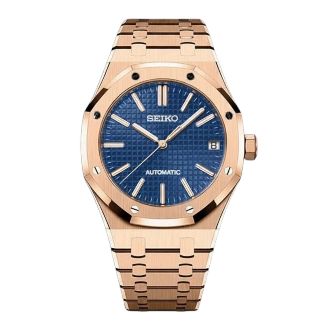 Royal Oak Mod Rose Gold Blue Dial rose gold and blue Seiko mod style watch with NH35 automatic movement by ModTime - front product view