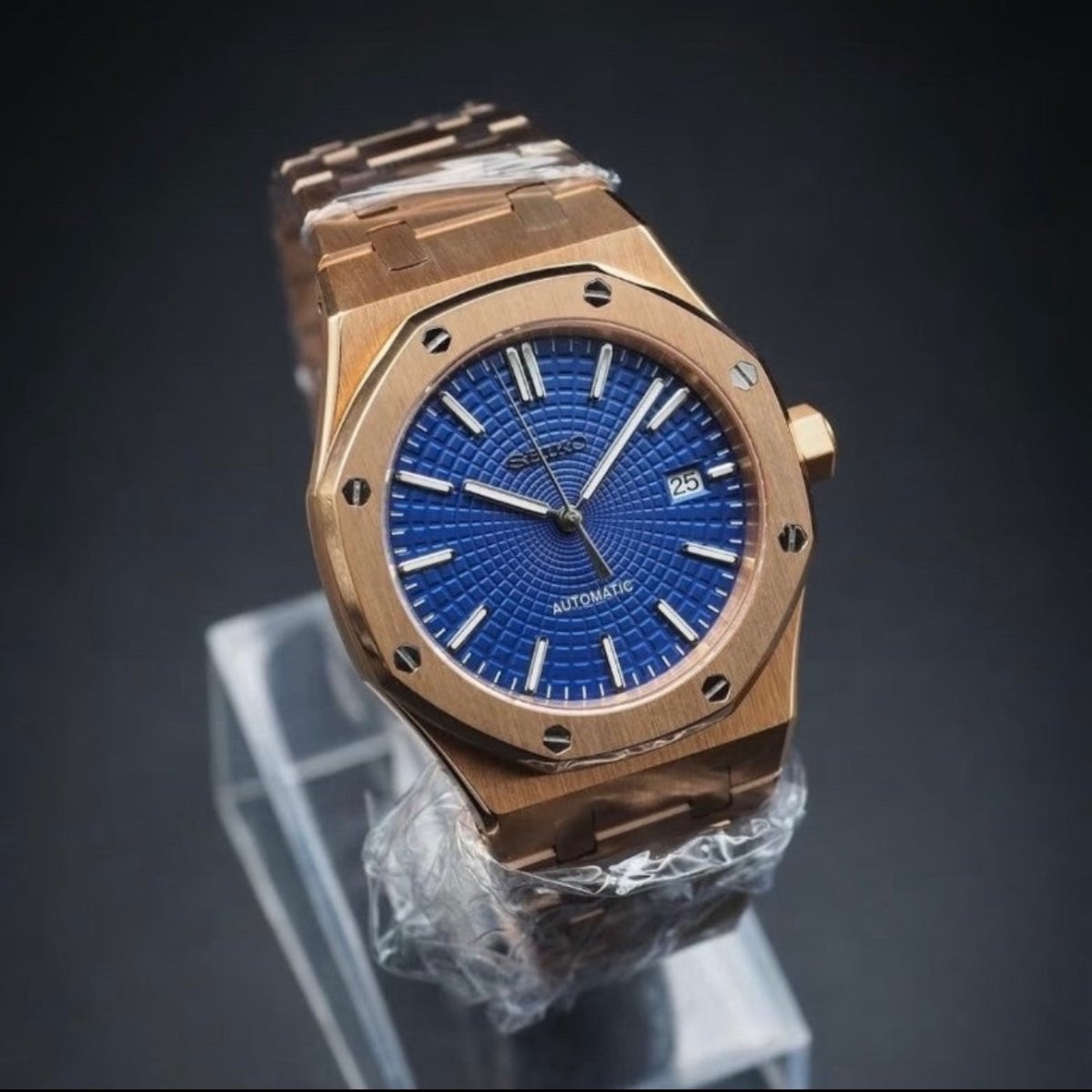 Royal Oak Mod Rose Gold Blue Dial rose gold and blue Seiko mod style watch with NH35 automatic movement by ModTime - angled dial view