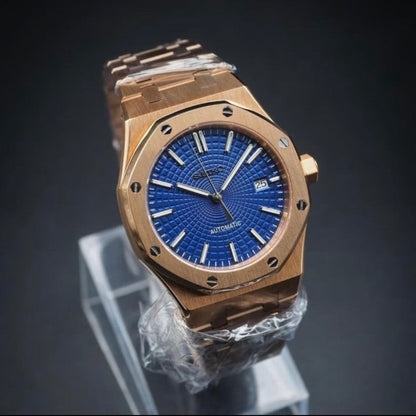 Royal Oak Mod Rose Gold Blue Dial rose gold and blue Seiko mod style watch with NH35 automatic movement by ModTime - angled dial view