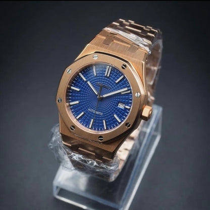 Royal Oak Mod Rose Gold Blue Dial rose gold and blue Seiko mod style watch with NH35 automatic movement by ModTime - dial detail
