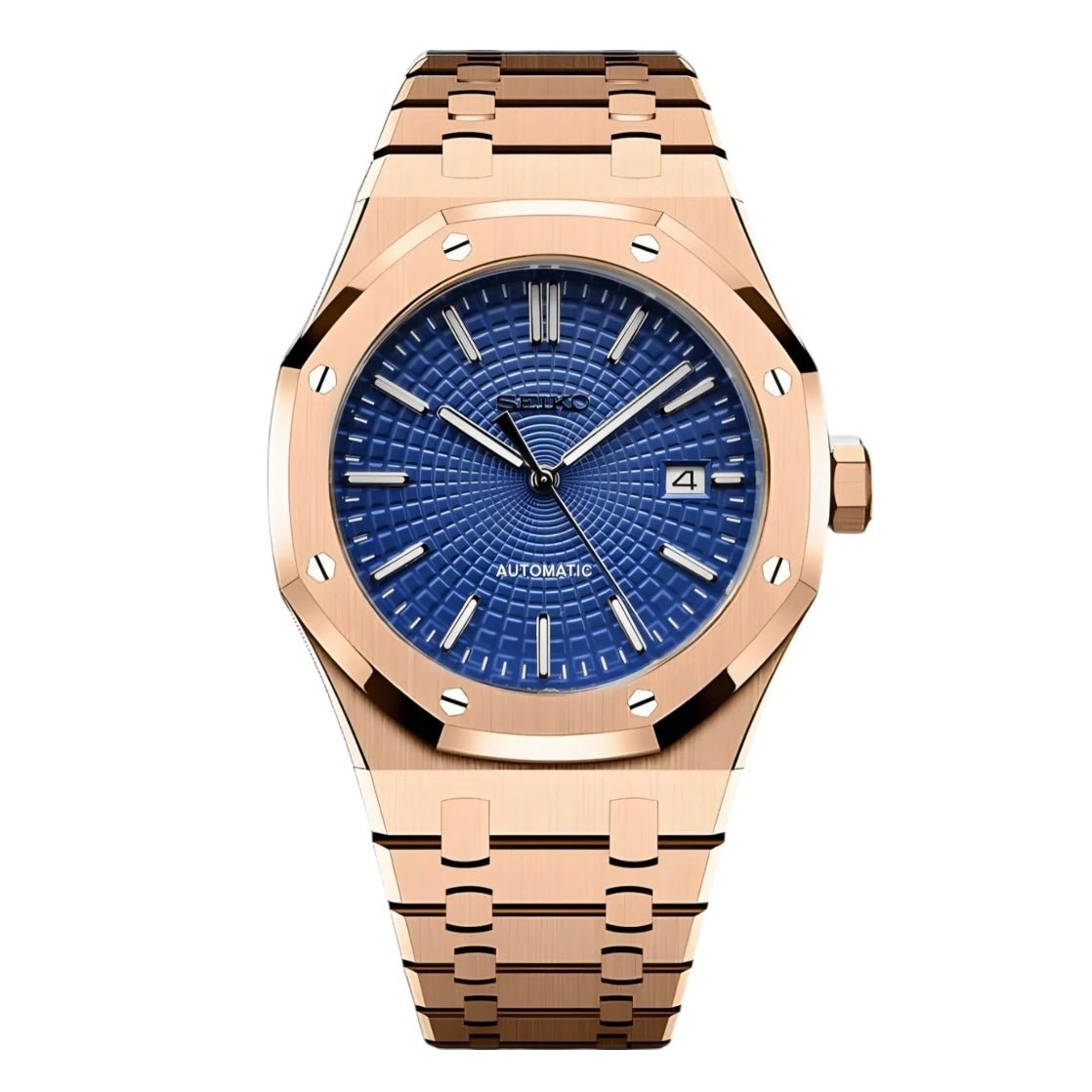 Royal Oak Mod Rose Gold Blue Dial rose gold and blue Seiko mod style watch with NH35 automatic movement by ModTime - front product view