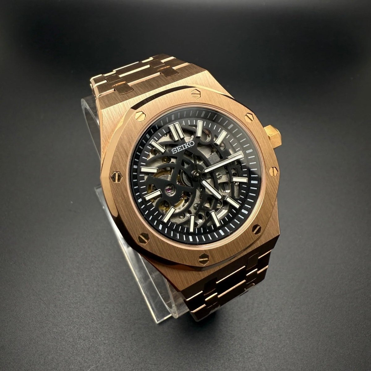 Royal Oak Mod Rose Gold Skeleton Dial rose gold and gold Seiko mod style watch with NH70 skeleton movement by ModTime - case and bracelet detail