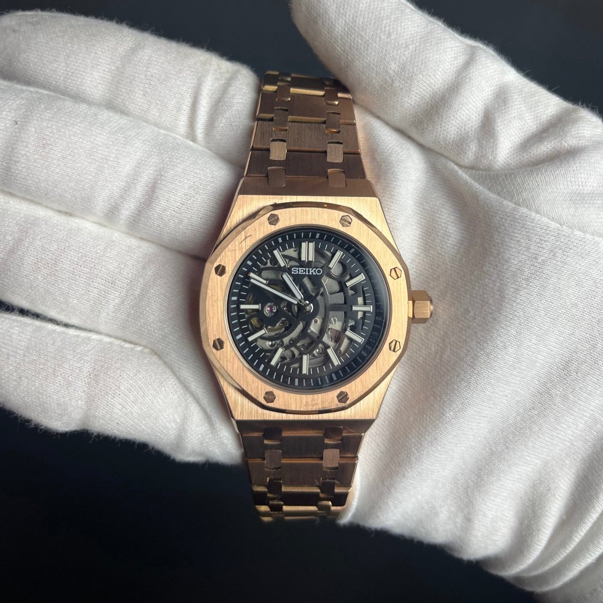 Royal Oak Mod Rose Gold Skeleton Dial rose gold and gold Seiko mod style watch with NH70 skeleton movement by ModTime - side profile