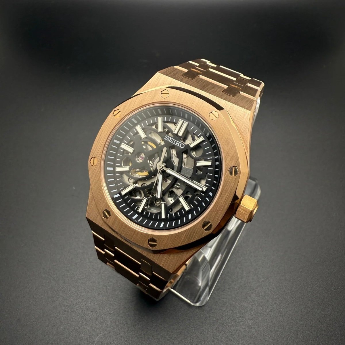 Royal Oak Mod Rose Gold Skeleton Dial rose gold and gold Seiko mod style watch with NH70 skeleton movement by ModTime - dial detail