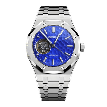 Royal Oak Mod Silver Blue Open Heart silver and blue Seiko mod style watch with NH38 open-heart movement by ModTime - front product view