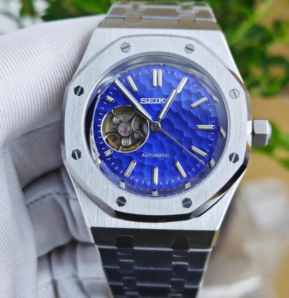 Royal Oak Mod Silver Blue Open Heart silver and blue Seiko mod style watch with NH38 open-heart movement by ModTime - dial detail
