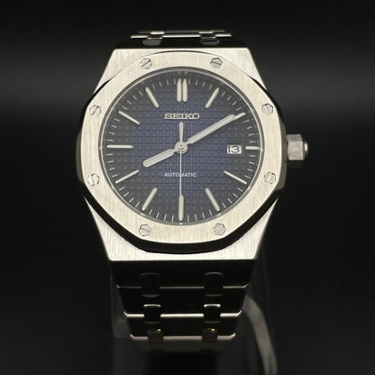 Royal Oak Mod Silver Ocean Blue Dial silver and blue integrated bracelet Seiko mod style watch with NH35 automatic movement by ModTime - angled dial view
