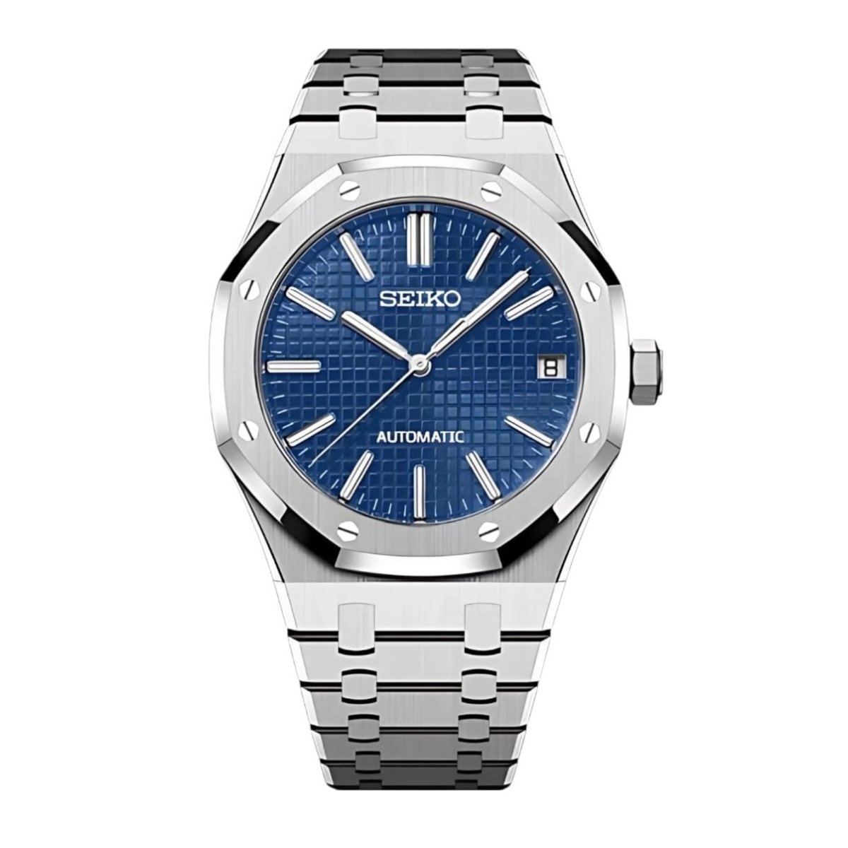 Royal Oak Mod Silver Ocean Blue Dial silver and blue integrated bracelet Seiko mod style watch with NH35 automatic movement by ModTime - front product view