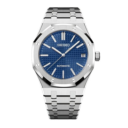 Royal Oak Mod Silver Ocean Blue Dial silver and blue integrated bracelet Seiko mod style watch with NH35 automatic movement by ModTime - front product view