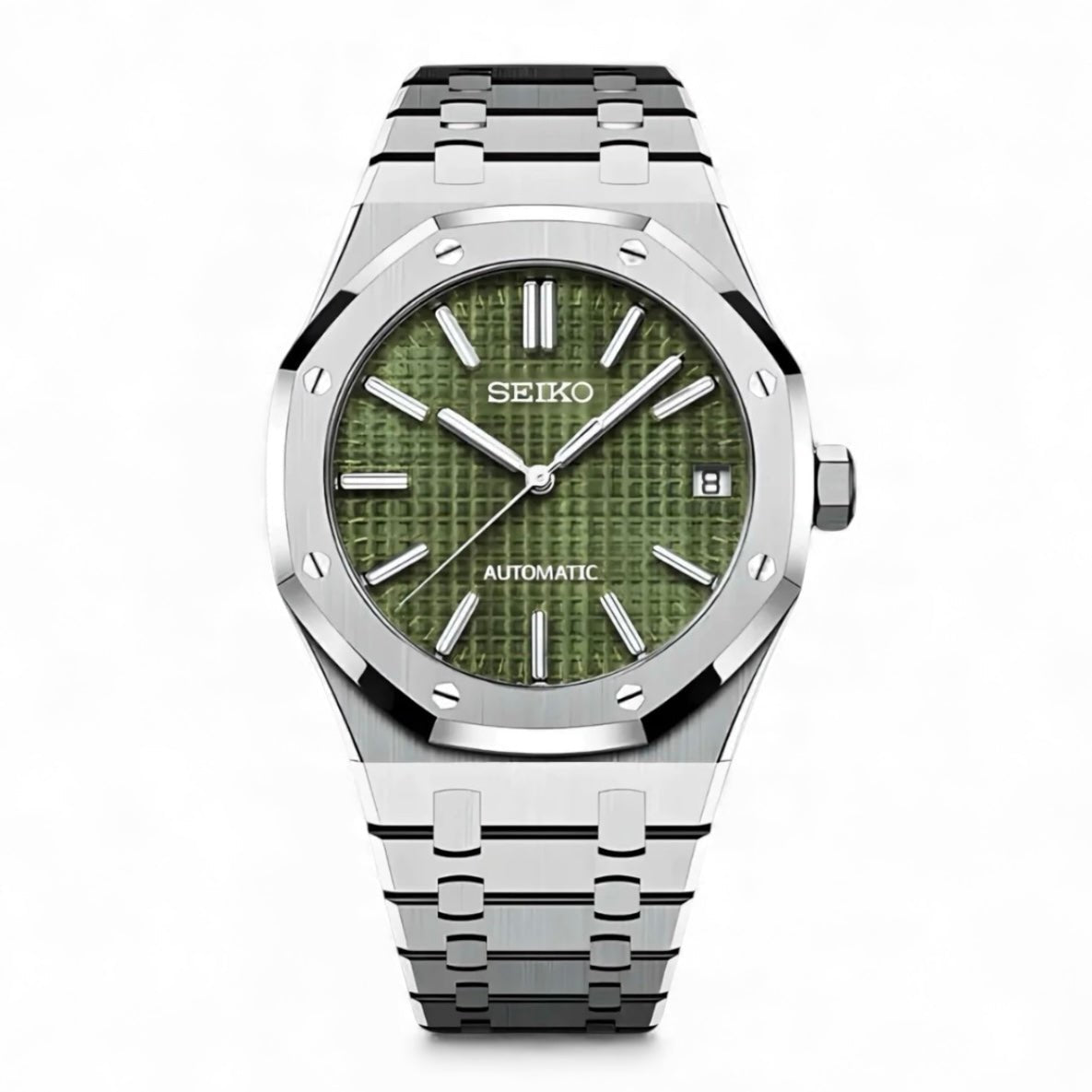 Royal Oak Mod Silver Olive Green Dial silver and green Seiko mod style watch with NH35 automatic movement by ModTime - front product view