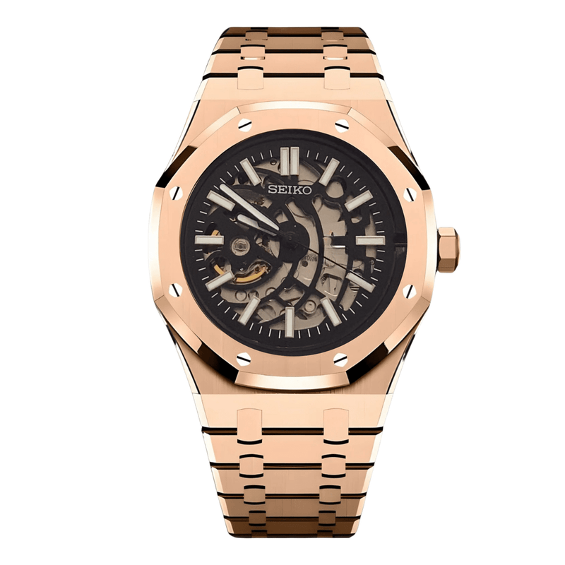 ModTime Royal Oak-style Rose Gold Skeleton NH38 automatic watch, rose-gold-tone case, open dial, front view on white