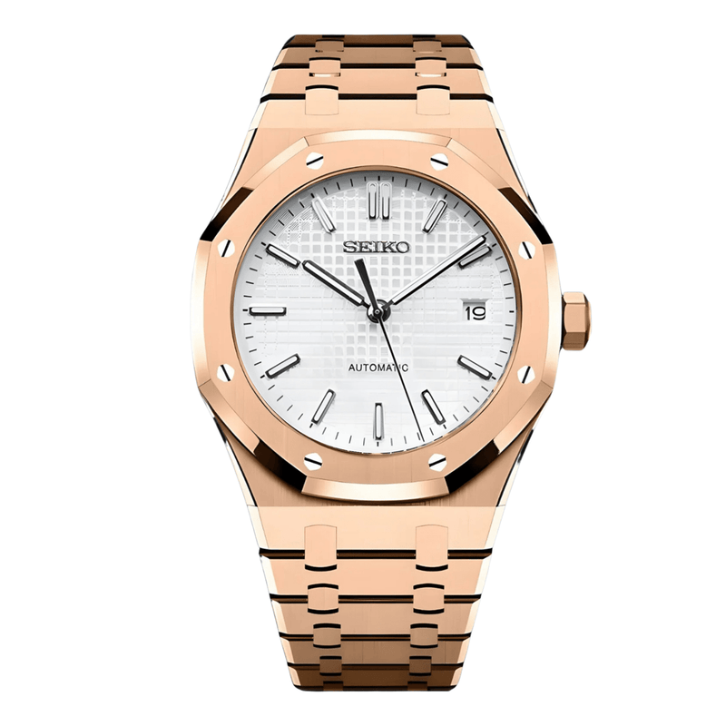 ModTime Royal Oak-style Rose Gold White NH35 automatic watch, white dial, grid texture, front view on white
