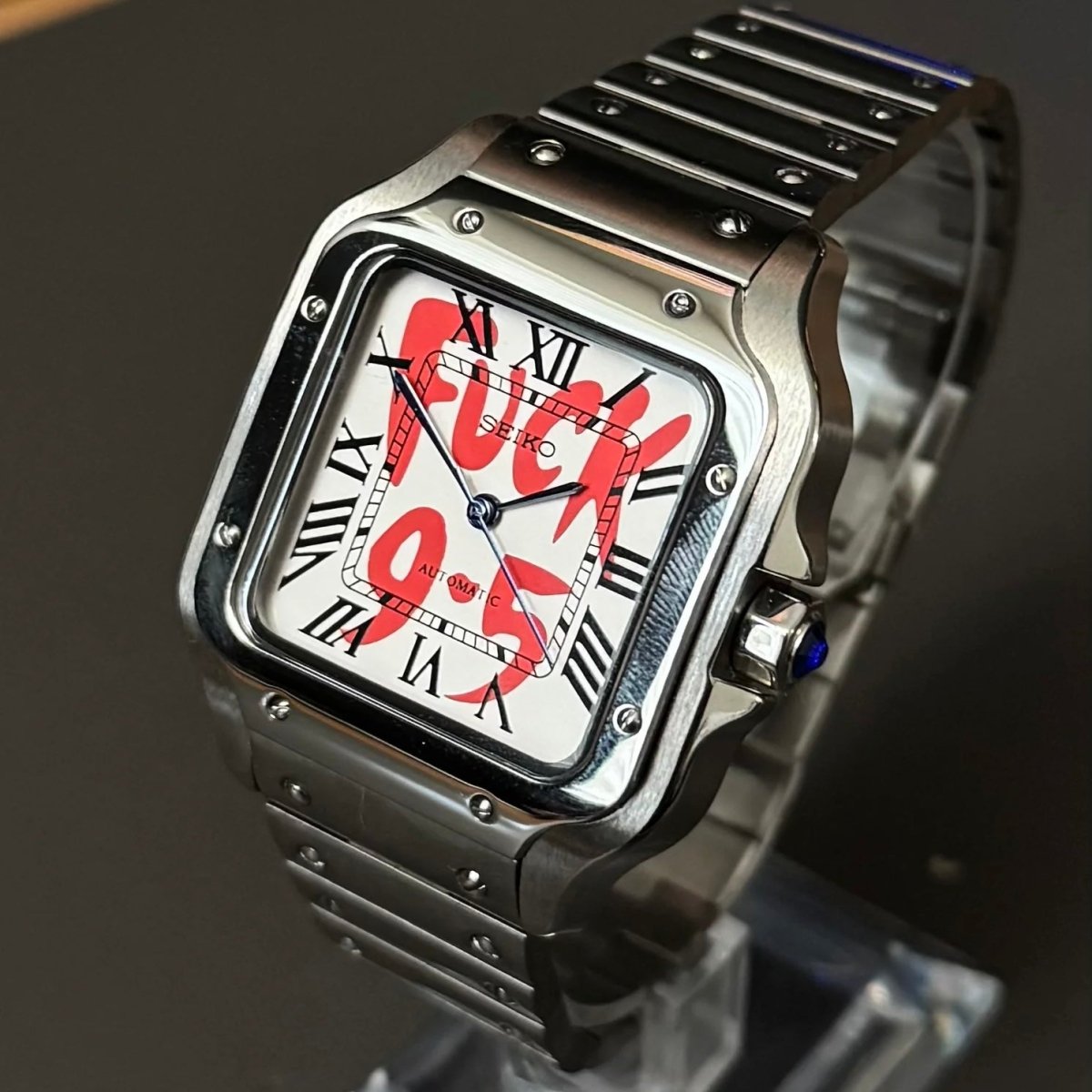 Santos Mod Silver 9-5 White Dial silver and white Seiko mod style watch with NH35 automatic movement by ModTime - dial detail