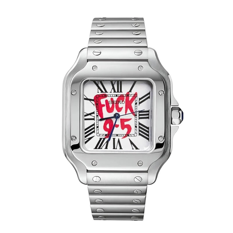 ModTime Santos-style Silver 9-5 White NH38 automatic watch, white dial, red lettering, front view on white