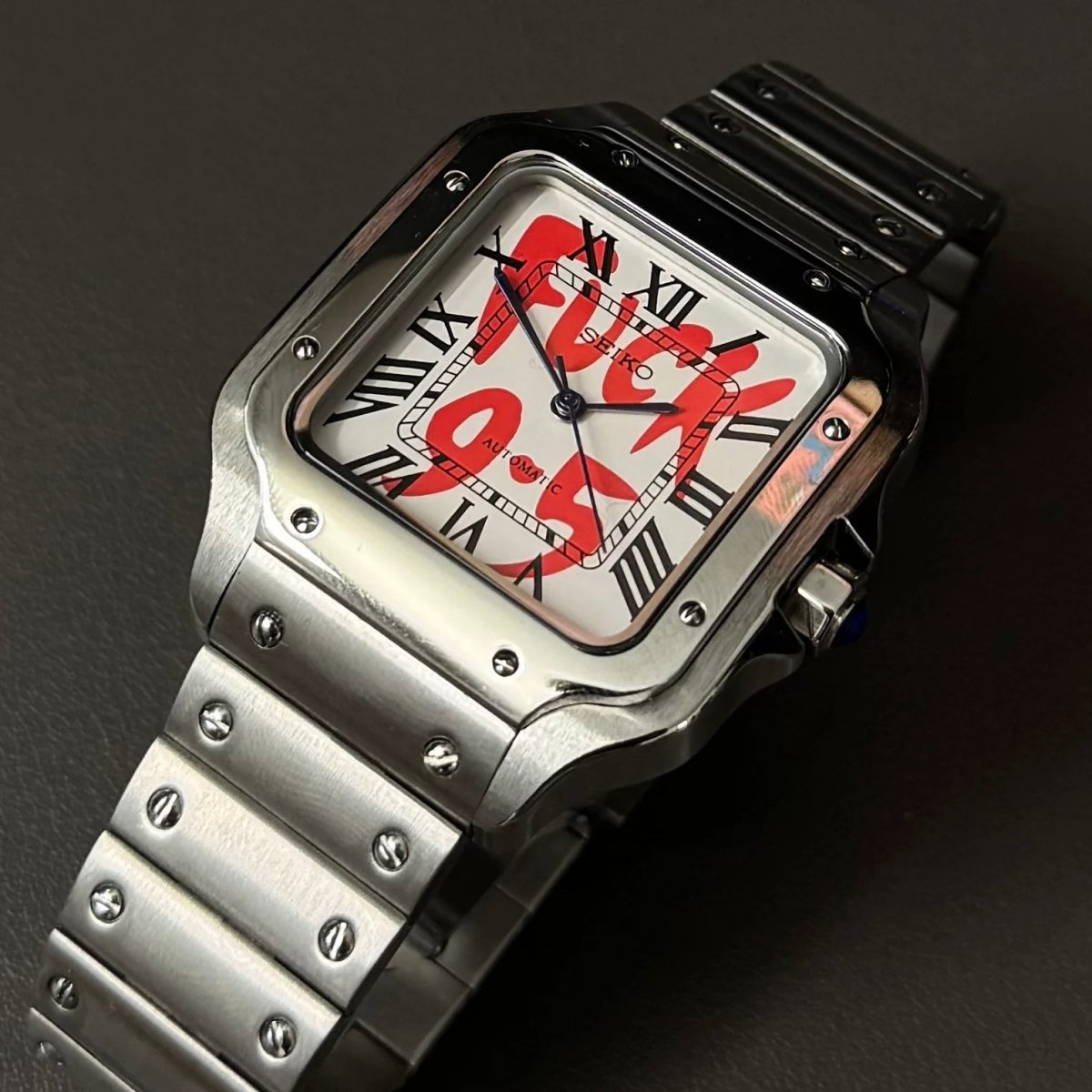 Santos Mod Silver 9-5 White Dial silver and white Seiko mod style watch with NH35 automatic movement by ModTime - side profile