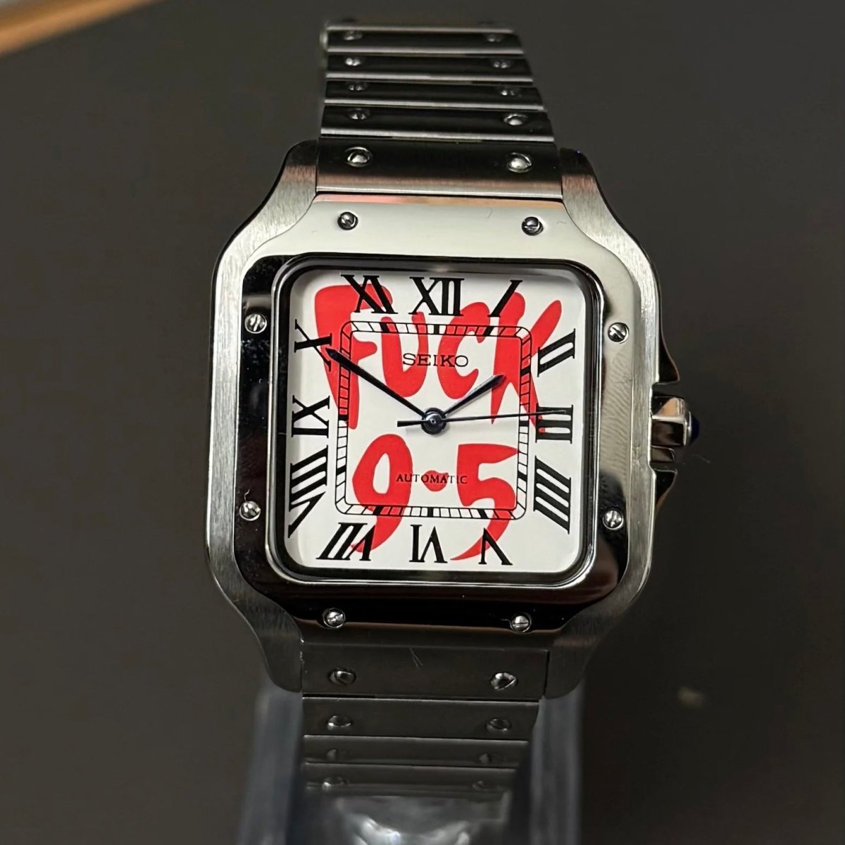 Santos Mod Silver 9-5 White Dial silver and white Seiko mod style watch with NH35 automatic movement by ModTime - angled dial view