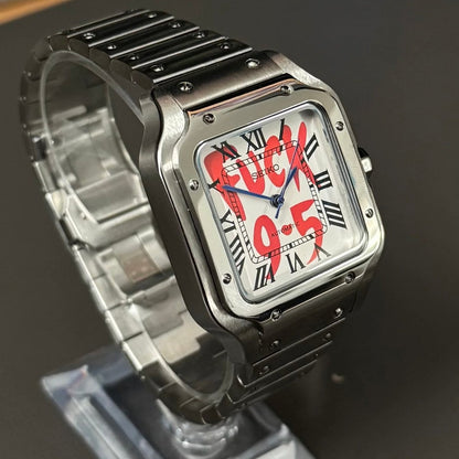 Santos Mod Silver 9-5 White Dial silver and white Seiko mod style watch with NH35 automatic movement by ModTime - case and bracelet detail