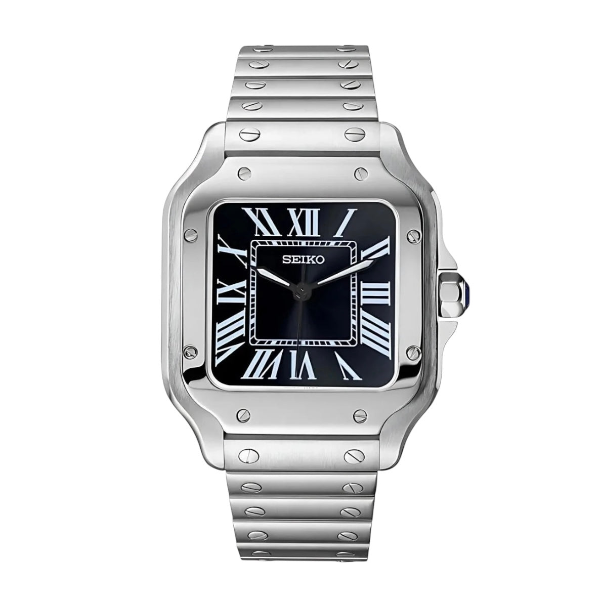 Santos Mod Silver Black Dial silver and black Seiko mod style watch with NH35 automatic movement by ModTime - front product view