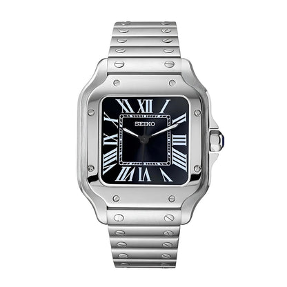 Santos Mod Silver Black Dial silver and black Seiko mod style watch with NH35 automatic movement by ModTime - front product view