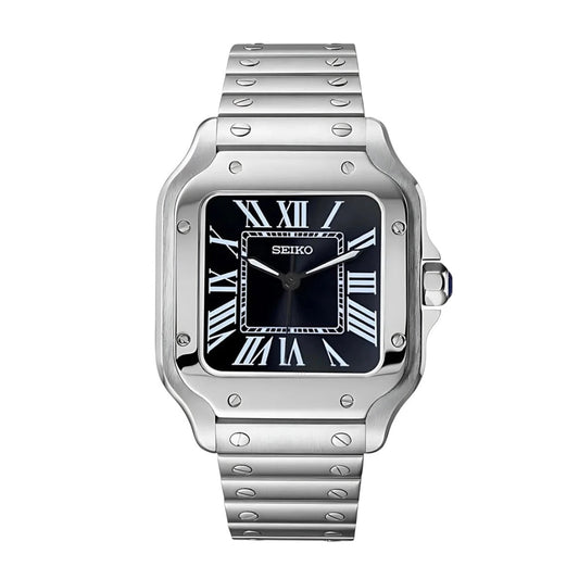 Seiko Mod Santos Silver Case Black Dial, NH38 Automatic Movement, Sapphire Crystal, 904L Stainless Steel - ModTime