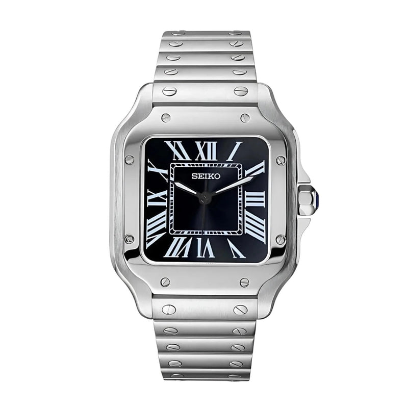 ModTime Santos-style Silver Black NH38 automatic watch, black dial, white Roman numerals, front view on white