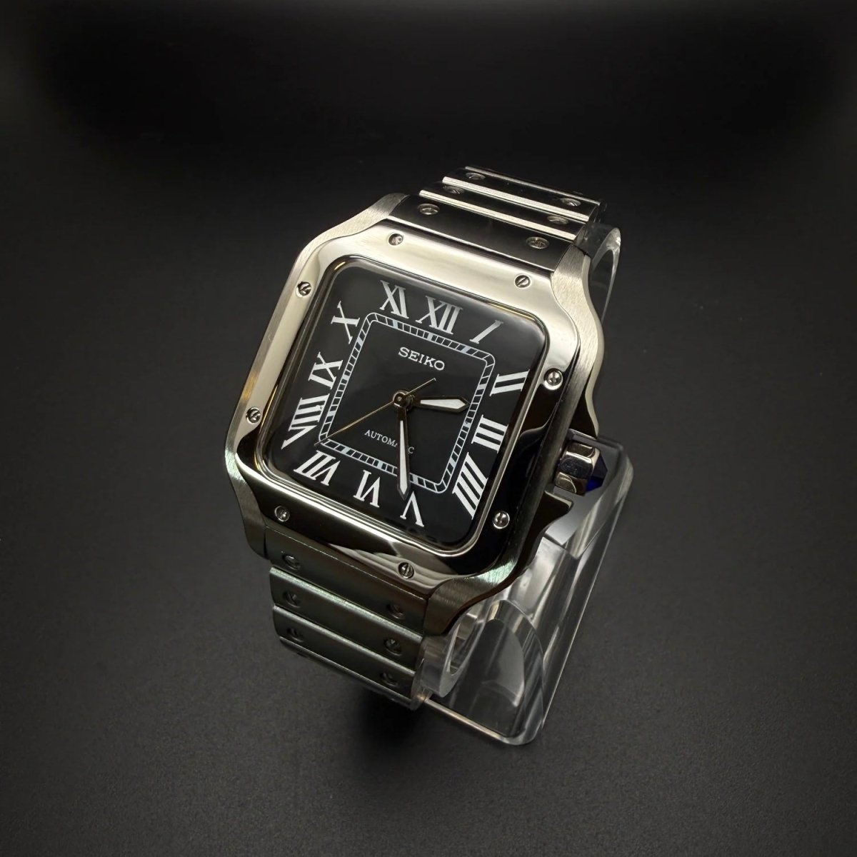 Santos Mod Silver Black Dial silver and black Seiko mod style watch with NH35 automatic movement by ModTime - dial detail