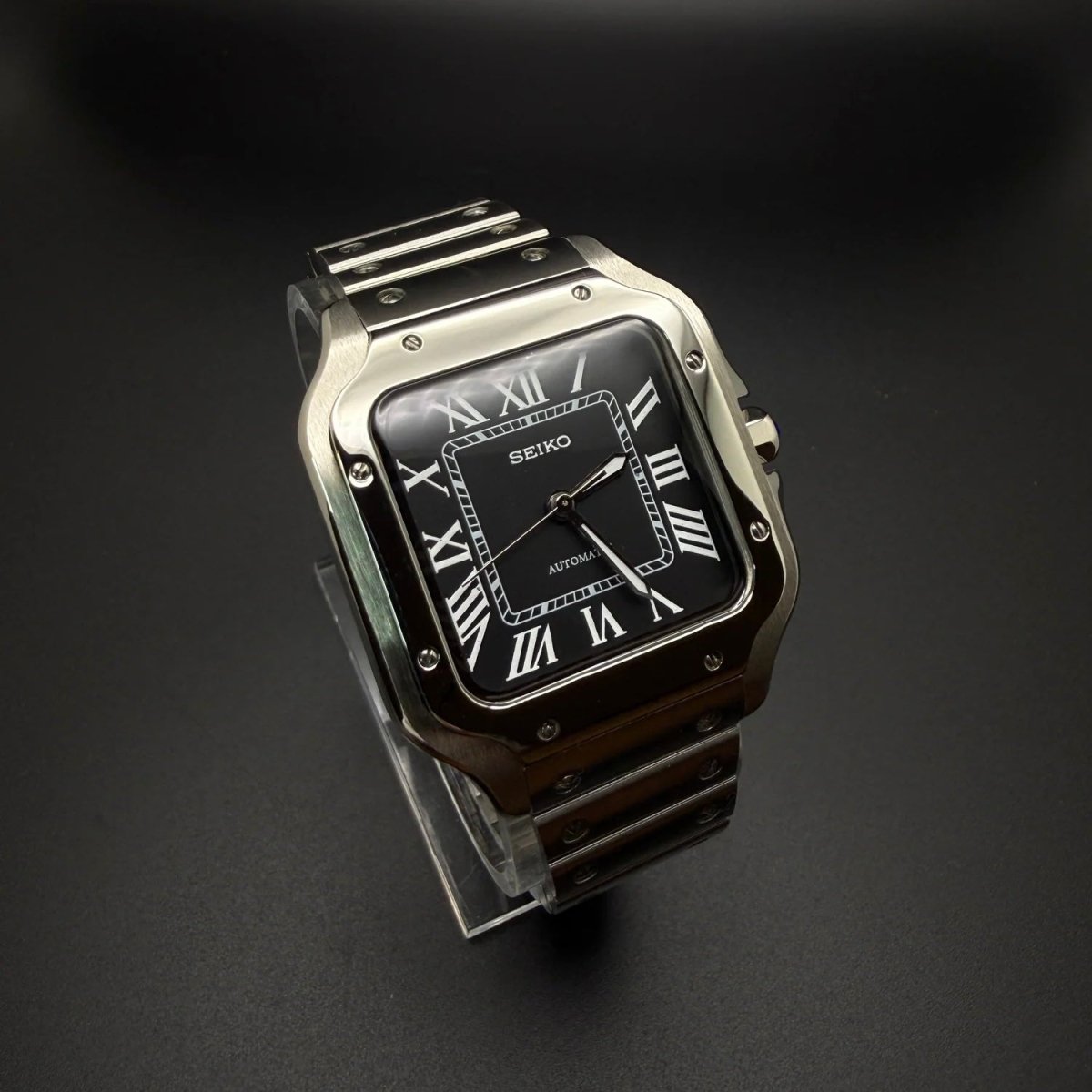 Santos Mod Silver Black Dial silver and black Seiko mod style watch with NH35 automatic movement by ModTime - case and bracelet detail