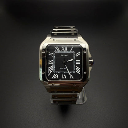 Santos Mod Silver Black Dial silver and black Seiko mod style watch with NH35 automatic movement by ModTime - angled dial view