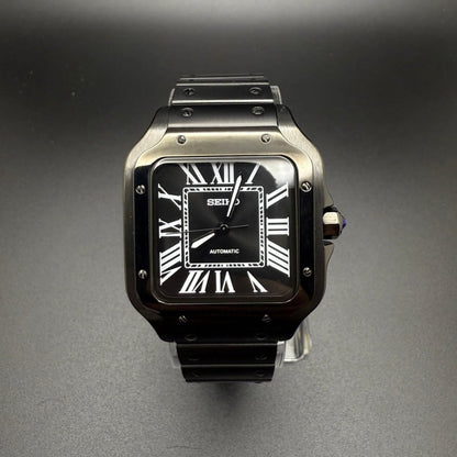 Santos Mod All Black black Seiko mod style watch with NH35 automatic movement by ModTime - angled dial view