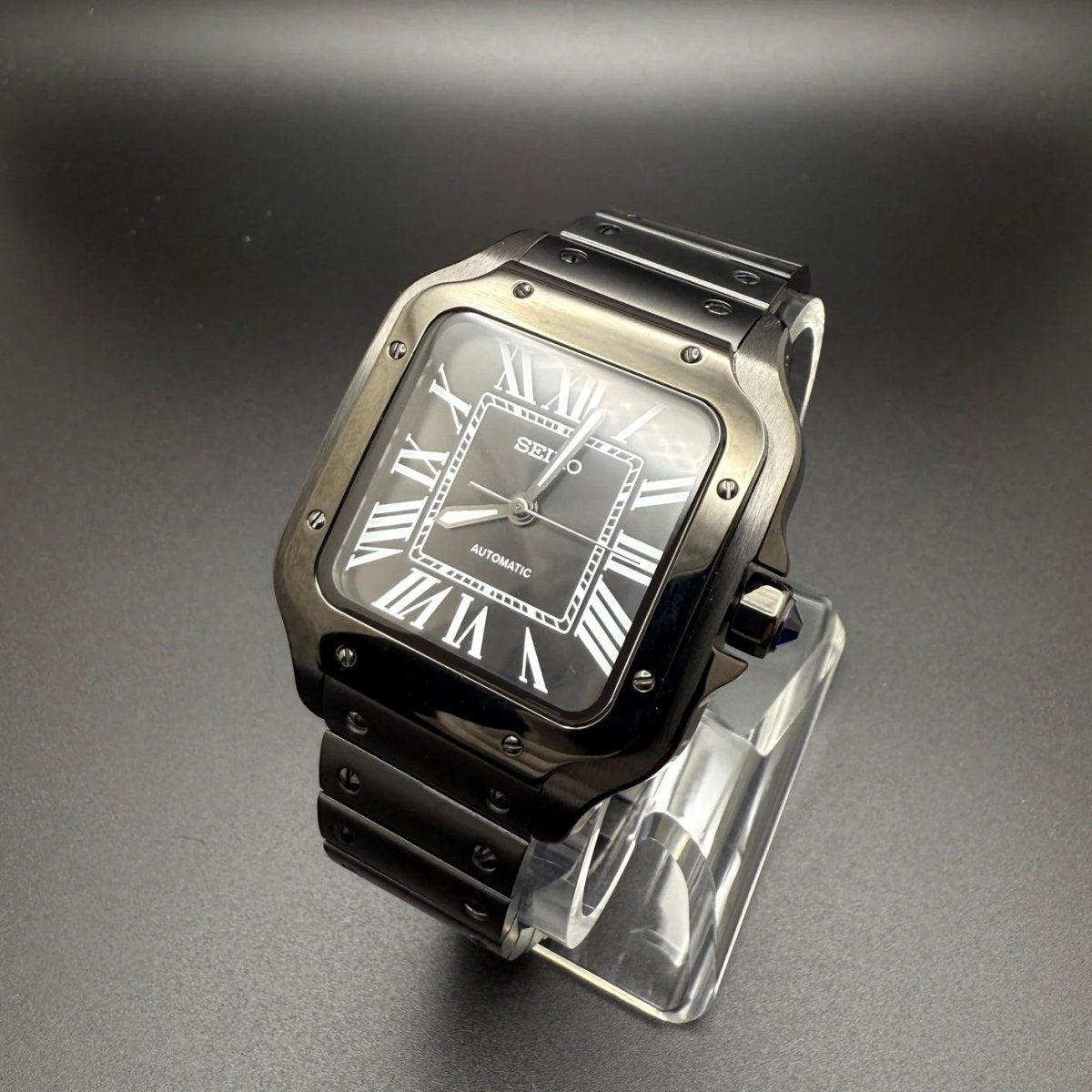 Santos Mod All Black black Seiko mod style watch with NH35 automatic movement by ModTime - case and bracelet detail