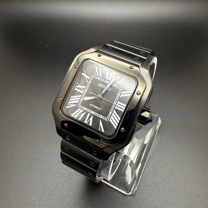 Santos Mod All Black black Seiko mod style watch with NH35 automatic movement by ModTime - case and bracelet detail