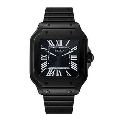 Santos Mod All Black black Seiko mod style watch with NH35 automatic movement by ModTime - front product view