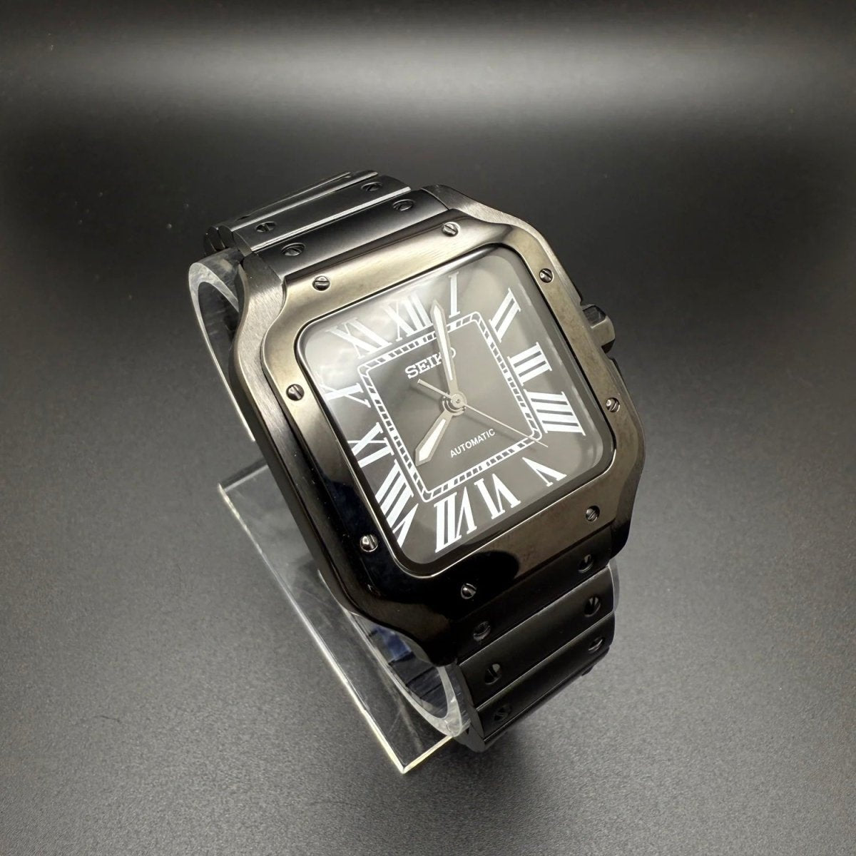 Santos Mod All Black black Seiko mod style watch with NH35 automatic movement by ModTime - dial detail