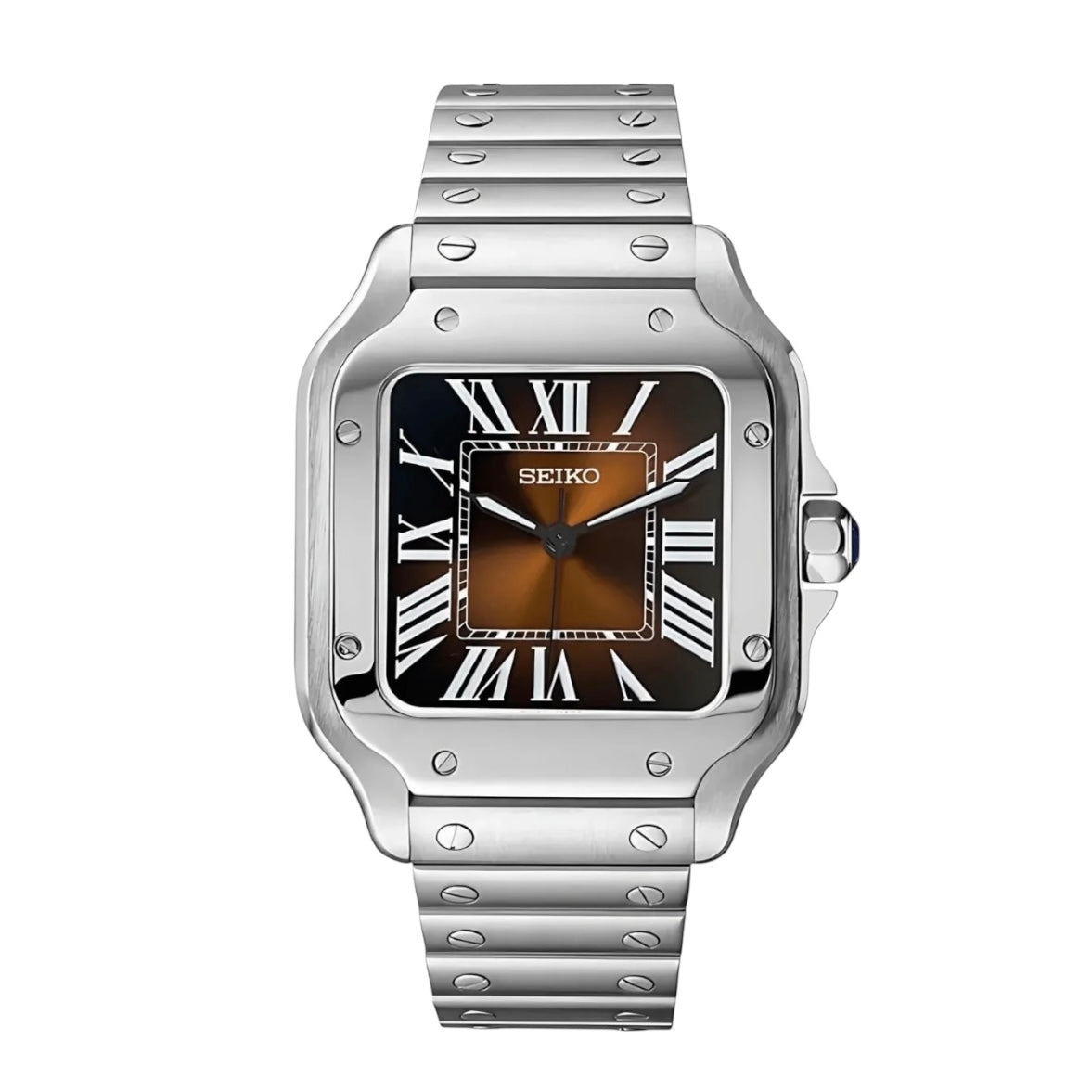 Santos Mod Silver Brown Dial silver and brown Seiko mod style watch with NH35 automatic movement by ModTime - front product view