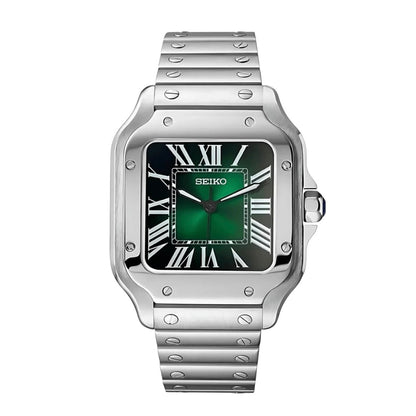 Santos Mod Silver Green Dial silver and green Seiko mod style watch with NH35 automatic movement by ModTime - front product view