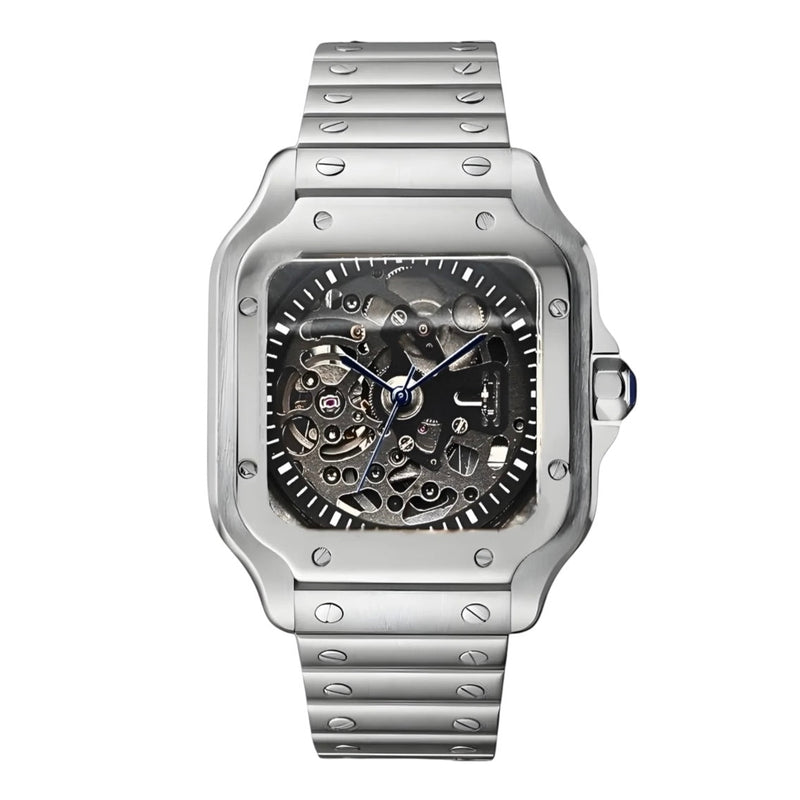 ModTime Santos-style Silver Skeleton NH38 automatic watch, silver-tone case, open dial, front view