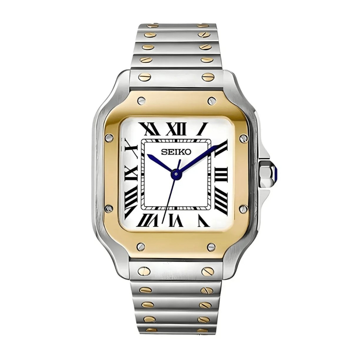 Santos Mod Two Tone White Dial white Seiko mod style watch with NH35 automatic movement by ModTime - front product view
