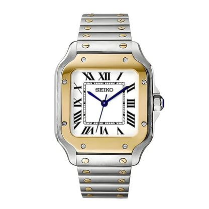 Santos Mod Two Tone White Dial white Seiko mod style watch with NH35 automatic movement by ModTime - front product view