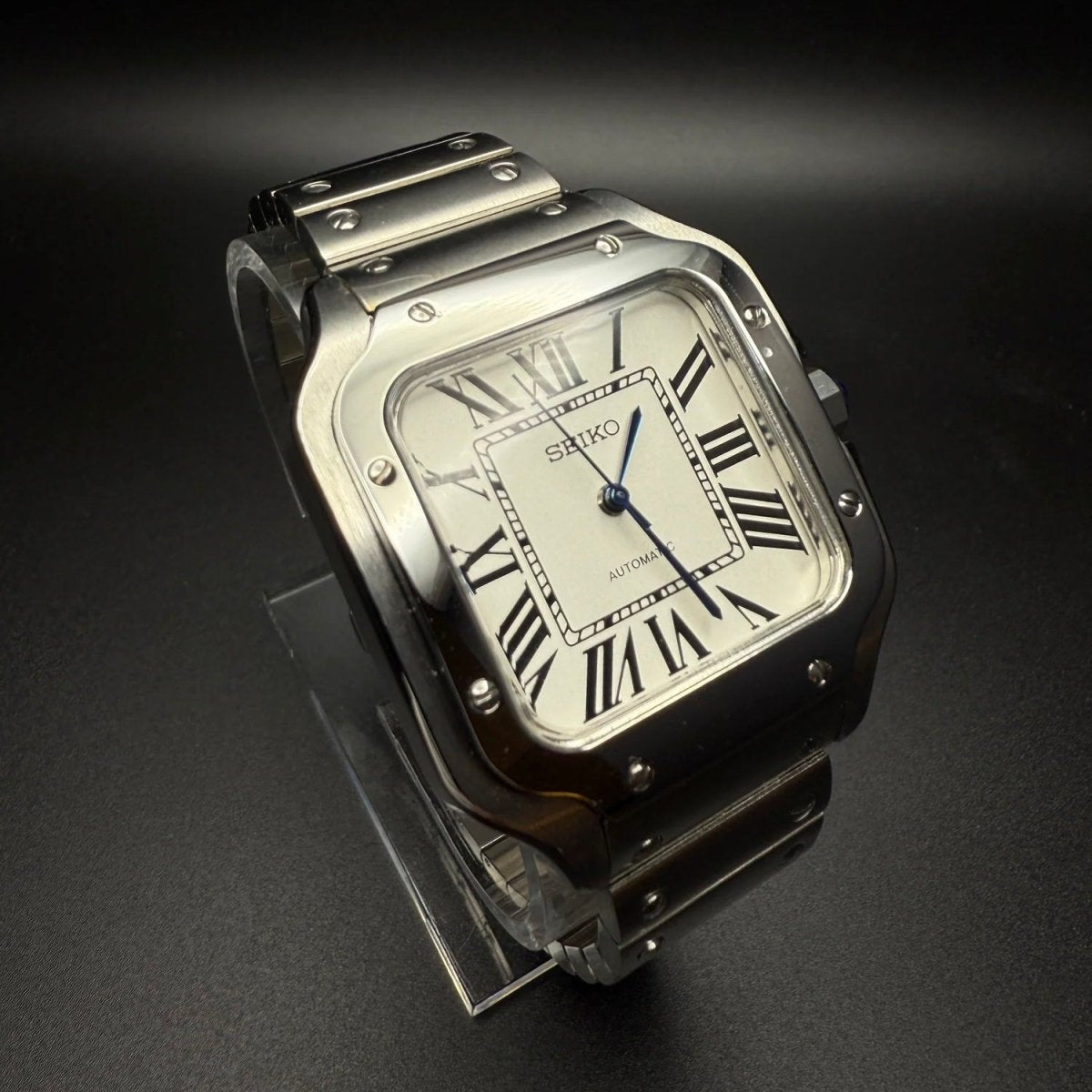 Santos Mod Silver White Dial silver and white Seiko mod style watch with NH35 automatic movement by ModTime - side profile